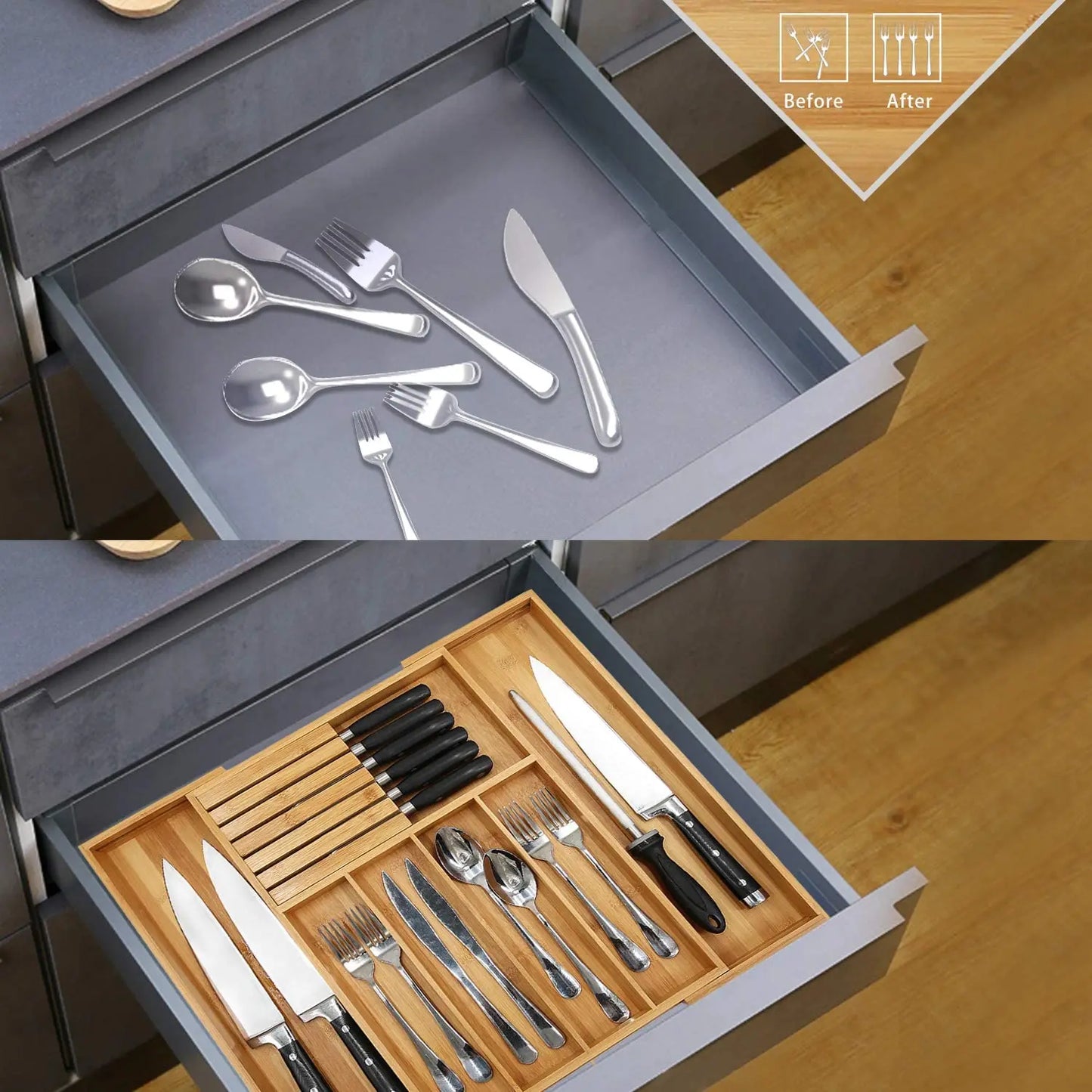 Bamboo Expandable Drawer Kitchen Organizer for Spoons Forks Knives cutleries