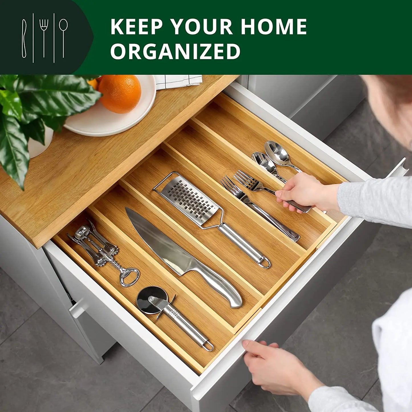 Bamboo Expandable Drawer Kitchen Organizer for Spoons Forks Knives cutleries